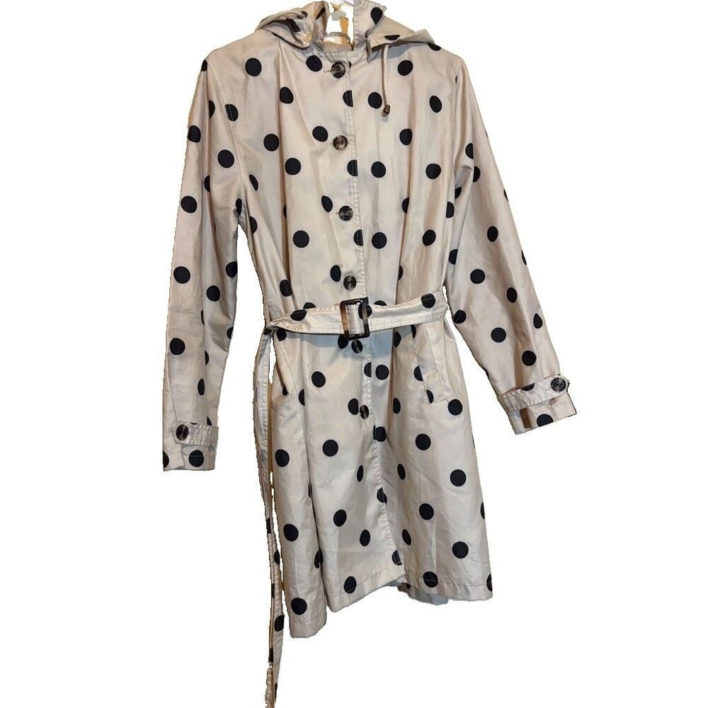Capelli NY Women Beige  Polka Dot Rain Coat W/Hood Size Medium White Whimsical